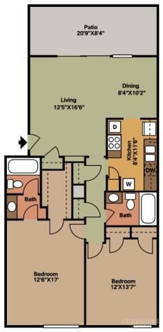 the floor plan for a two bedroom apartment with an attached bathroom and living room area