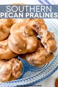 a plate full of cookies with the words southern pecan pralies on it