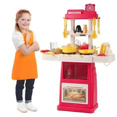 Anpro 48-Piece Play Kitchen Accessory Set offers a realistic and educational cooking experience for children. It includes an electronic stovetop, a play sink with a water circulation system, color-changing play foods, a rotatable dessert shelf, and various kitchen utensils. Made of high-quality, durable, and safe materials, this set is designed to withstand active play. Children can enjoy endless hours of fun while learning about water conservation, identifying colors, and improving their hands- Pink Play Kitchen, Kitchen Set For Kids, Toddler Kitchen Set, Seasoning Jars, Kitchen Playset, Toddler Kitchen, Kitchen Sets For Kids, Kitchen Toy, Pretend Kitchen