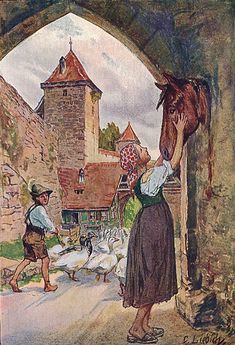 a painting of a woman standing next to a horse and two children near an archway