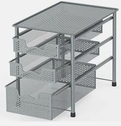 three drawers with mesh baskets on each side and one drawer in the middle, sitting on top of a metal stand