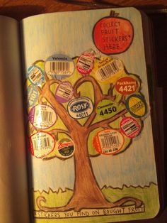 an open book with stickers on it and a tree in the middle is shown