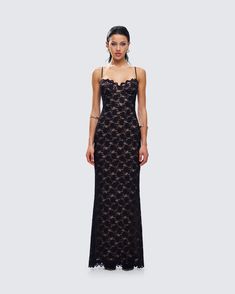 The art of seduction 😌 Everyone will be drawn to your mystery in this black lace maxi dress made from stretch lace fabric and complete with bust pads, adjustable straps, and a scalloped edge along the neckline and hem 🖤 Formal Lace Back Slip Dress, Formal Lace Slip Dress With Lace Back, Evening Fitted Lace Dress With Scalloped Edges, Fitted Lace Dress With Scalloped Edges For Evening, Elegant Evening Lace Dress With Scalloped Edges, Elegant Black Lace Dress With Spaghetti Straps, Elegant Lace Dress With Scalloped Edges For Evening, Evening Lace Dress With Scalloped Edges, Elegant Fitted Maxi Dress With Contrast Lace