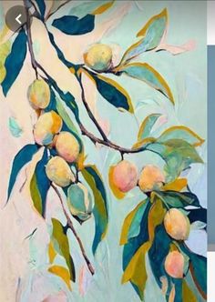 an oil painting of peaches on a tree branch