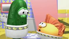 an animated image of a cucumber and a bed in a room with pink walls