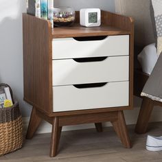 Baxton Studio Brighton Mid-Century Modern White and Walnut Wood 3-Drawer Storage Nightstand FredCo Sofa Scandinavian, Storage Nightstand, Nightstand White, Mid Century Modern Nightstand, Mid Century Nightstand, 3 Drawer Storage, Mid Century Dresser, Mid Century Modern Wood, Bedroom Essentials