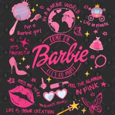 some pink and black items on a black background with the words barbie written in it