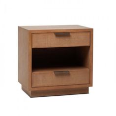 a brown wooden night stand with two drawers on top and one drawer open to the side