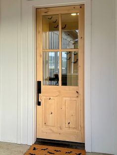 the front door is decorated with bats and glass panels, along with a welcome mat