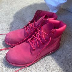 Pink Timberland Boots, Worn Once Brand New!!! So Cute! Color Timberland Boots, Pink Timbs, Casual Pink Timberland Boots, Pink Jordan 11, Girl Timberlands, Pink Timberland Boots, Timberland Boots Girls, Timberland Lace-up Ankle Boots For Outdoor, Timberland Ankle-high Waterproof Boots With Reinforced Toe