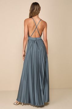 You'll make the most beautiful memories in a luxe look like the Lulus Ultimate Charm Dark Sage Grey Satin Pleated High-Low Maxi Dress! This mesmerizing dress has a sleek woven satin construction that shapes a sleeveless bodice with a flirty surplice neckline and an even flirtier open-back design, all supported by crisscrossing, adjustable spaghetti straps. The high, fitted waist sits atop an overlapping, faux-wrap pleated skirt that falls to a high-low, maxi hem. Hidden back zipper/clasp. Fit: T Pleated Dress Formal, Orange Formal Dresses, Fall Formal Dresses, Gold Formal Dress, Green Formal Dresses, White Dress Formal, Dark Sage, Midi Dress Formal, High Low Maxi Dress