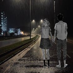 two people are walking down the street in the rain at night with their backs to each other