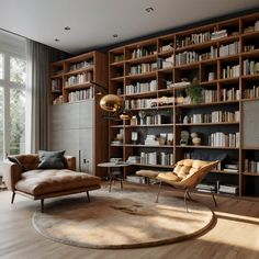 a living room filled with lots of bookshelves next to a couch and chair