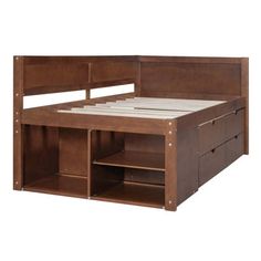 a wooden bed frame with drawers underneath it