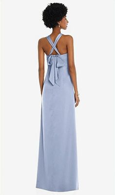 Draped Satin Grecian Column Bridesmaid Dress With Convertible Straps In Sky Blue | The Dessy Group Chelsea Gray, Dessy Collection, Infinity Dress, Column Gown, Column Dress, Dress Order, Blue Bridesmaid Dresses, Flowing Skirt, Stretch Satin