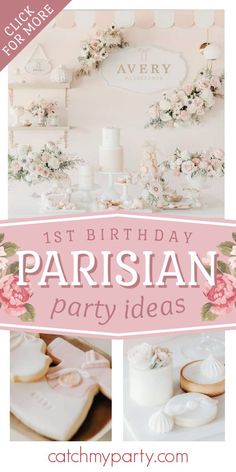 a birthday party with pink and white decorations