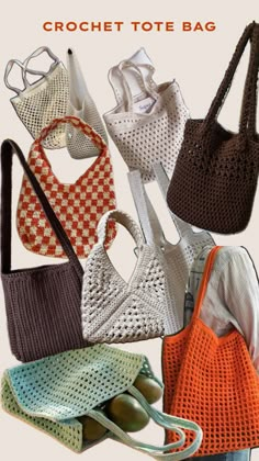 the crochet tote bag pattern is shown in several different colors and sizes