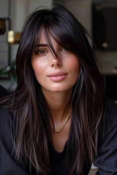 Bangs With Long Hair Highlights, French Bangs Black Hair, Long Dark Hair With Extensions, Side Part Fringe Long Hair, Bangs With Long Nose, 2024 Haircut Long, Shoulder Length Hair With Curtain Bangs Brunette, Dark Brown Hair With Curtain Bangs And Layers, Mandy Moore Hair Bangs