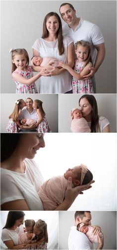 a collage of photos with people holding their babies and posing for the camera in front of them