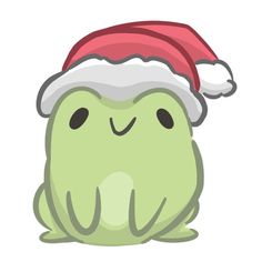 a green frog with a red santa hat on it's head, sitting down