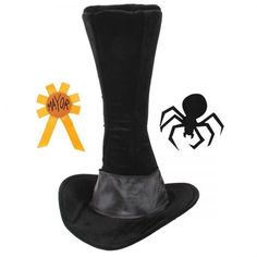 a black hat with a spider on the side and a yellow ribbon around it's neck