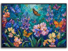 a painting of butterflies and flowers on a blue background