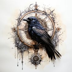 a drawing of a black bird sitting on top of a clock with splatters around it