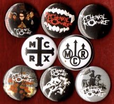 six different badges with the names of rock band mcrx and one on it