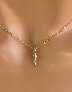 "This is a 925 Sterling silver or 14kt Gold-filled Tiny Italian horn charm necklace on a shiny cable chain. The Italian Horn is also known as the \"Cornetto\" or \"Cornicello\" . This is truly a little treasure she will love forever! Necklace chain is is shiny gold and catches light with movement. The entire necklace is 14kt gold-filled or 925Sterling silver. This is a very small dainty horn that measures Horn pendant measures 14x2mm. Necklace has a spring clasp closure. Necklace may be ordered Cornicello Aesthetic, Italian Horn Necklace, 14kt Gold Jewelry, Italian Necklace, Italian Pride, Forever Necklace, Italian Horn, Clean Sterling Silver, Gold Horns