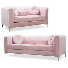 two pink couches sitting next to each other