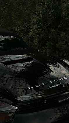 the back end of a black sports car parked in front of some bushes and trees