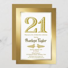 a gold 21st birthday party card with the number 21 on it