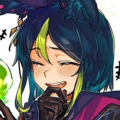 an anime character with blue hair and green eyes holding a cell phone to her ear