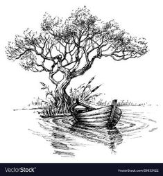 an ink drawing of a boat in the water with a tree growing out of it