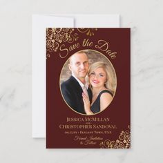 a wedding save the date card with an ornate frame and gold foil on maroon paper