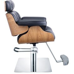 an office chair with a wooden back and black leather upholster