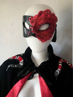 Snake Mask, Red Snakes, Beaded Rose, Left Eye, Leather Mask, Silk Rose, Halloween Mask, Hand Molding, Silk Roses