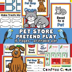 the pet store pretend play printable pack includes five pages and four different activities to help children