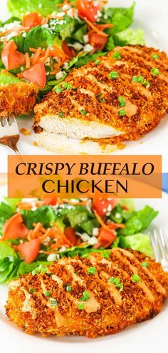 crispy buffalo chicken on a plate with lettuce and tomato garnish