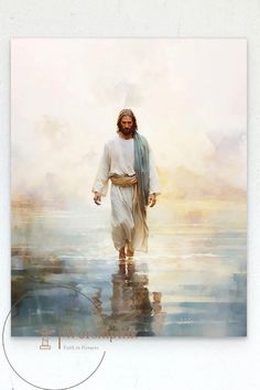 a painting of jesus walking in the water with his hands on his hips and head down