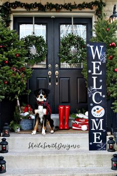 a dog sitting on the front steps of a house with christmas decorations and wreaths