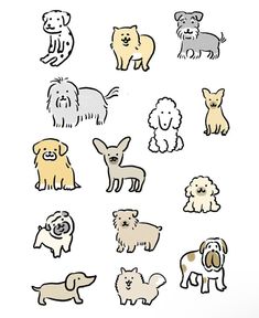 a bunch of dogs that are drawn in different colors and sizes on a white background