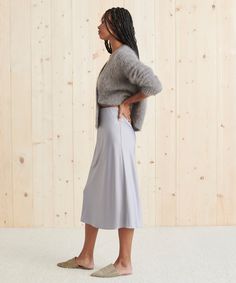 Slip Skirt Frost The easy silhouette of this everyday bias skirt makes it the perfect piece for dressed-up nights or days on-the-go. Pair your slip skirt with your favorite Jenni Kayne knit—from cashmere to cotton, we love the simplicity of cozy layers worn with seasonal hues. 100% polyester. Made in China of Japanese fabric. Slip Skirt Outfit, Bias Skirt, Easy Silhouette, Jenni Kayne, Slip Skirt, Fall Favorites, Japanese Fabric, Skirt Outfits, Get Dressed