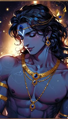 an image of a woman with blue eyes and gold jewelry on her chest, in front of