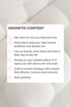 a white sheet with the words magnetic content on it and an image of a pile of pillows