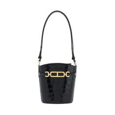 TOM FORD-Small Patent Croc-Embossed Whitney Bucket Bag -JOHN JULIA. Luxury Vintage Shoulder Bucket Bag, Metal Element, Metallic Accessories, Mini Bucket Bag, Bucket Handbags, Mini Bucket, Mini Bucket Bags, Crocodile Leather, Metal Accessories