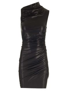 Mini dress in metallic black viscose from Rick Owens, asymmetrical neckline with draping, asymmetrical back neckline, front draping, slim fit. Ruched Pre-draped Asymmetrical Dress For Night Out, Night Out Mini Dress With Pre-draped Style, Elegant Metallic Mini Dress With Ruched Detail, Ruched Draped Asymmetrical Dress For Night Out, Fitted Pre-draped Mini Dress For Night Out, Metallic Fitted Draped Dress, Metallic Draped Fitted Dress, Metallic Draped Dress For Night Out, Draped Bodycon Dress For Night Out