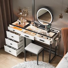 a white vanity with drawers and a mirror on the wall next to a chair in front of it