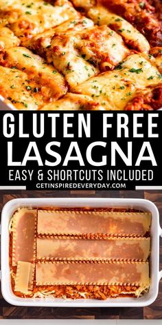 gluten free lasagna in a casserole dish with text overlay