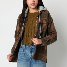 Cut for an oversized-fit, this junior's and women's Arizona Jeans Co. hooded plaid shirt adds an on-trend hit of 90s nostalgia to your casual wardrobe. It's made from soft cotton-flannel and has a contrast adjustable jersey hood, drop shoulders, flap chest pockets, long sleeves, and front button fastenings. Wear it layered over a long-sleeve t-shirt and wide-leg jeans.Closure Type: ButtonFit: Oversized FitPockets: 2 Chest Flap PocketsSleeve Length: Long SleeveSleeve Style: Cuffed SleeveApparel L Womens Flannel Shirt, Flannel Shirts, Long Sleeve Flannel, 90s Nostalgia, Large Shirts, Arizona Jeans, Cotton Flannel, Casual Wardrobe, Flannel Shirt